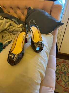 Christian Louboutin Bronze Metallic Peep-Toe Knot Slingback Heels